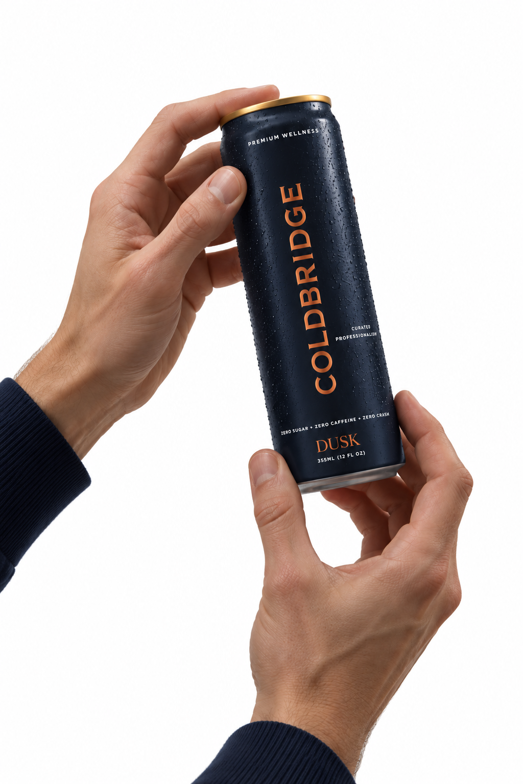 COLDBRIDGE DUSK can held in hands with navy sleeves against a white background