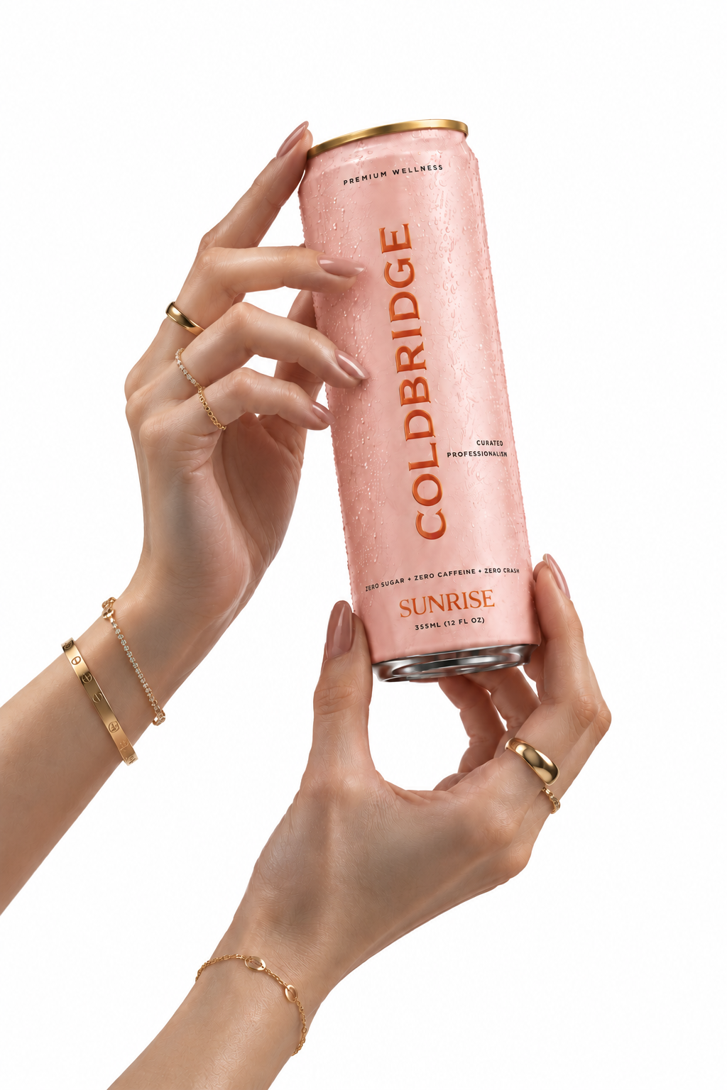 COLDBRIDGE SUNRISE can held by hands wearing gold jewelry