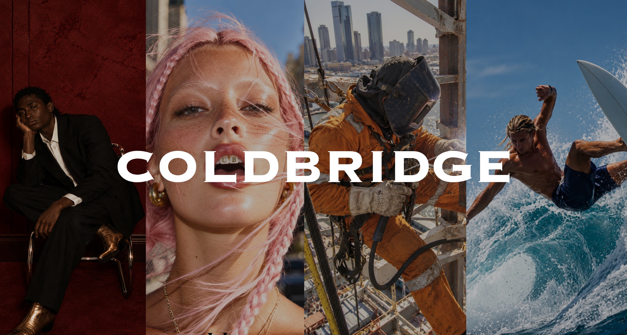 COLDBRIDGE campaign collage featuring fashion, a city worker, and surfing