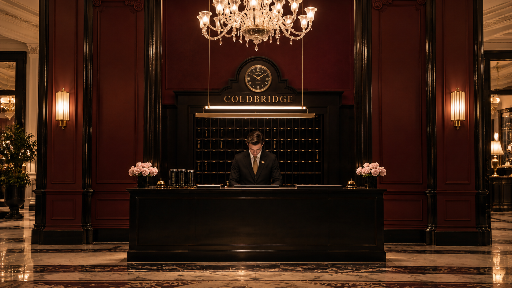 COLDBRIDGE hotel reception with burgundy walls, a chandelier, and a concierge behind the desk